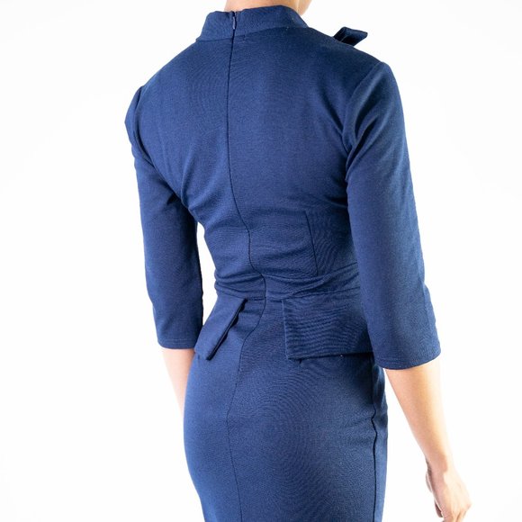 Navy Blue Neck Bow and Flare Dress - Picture 3 of 5